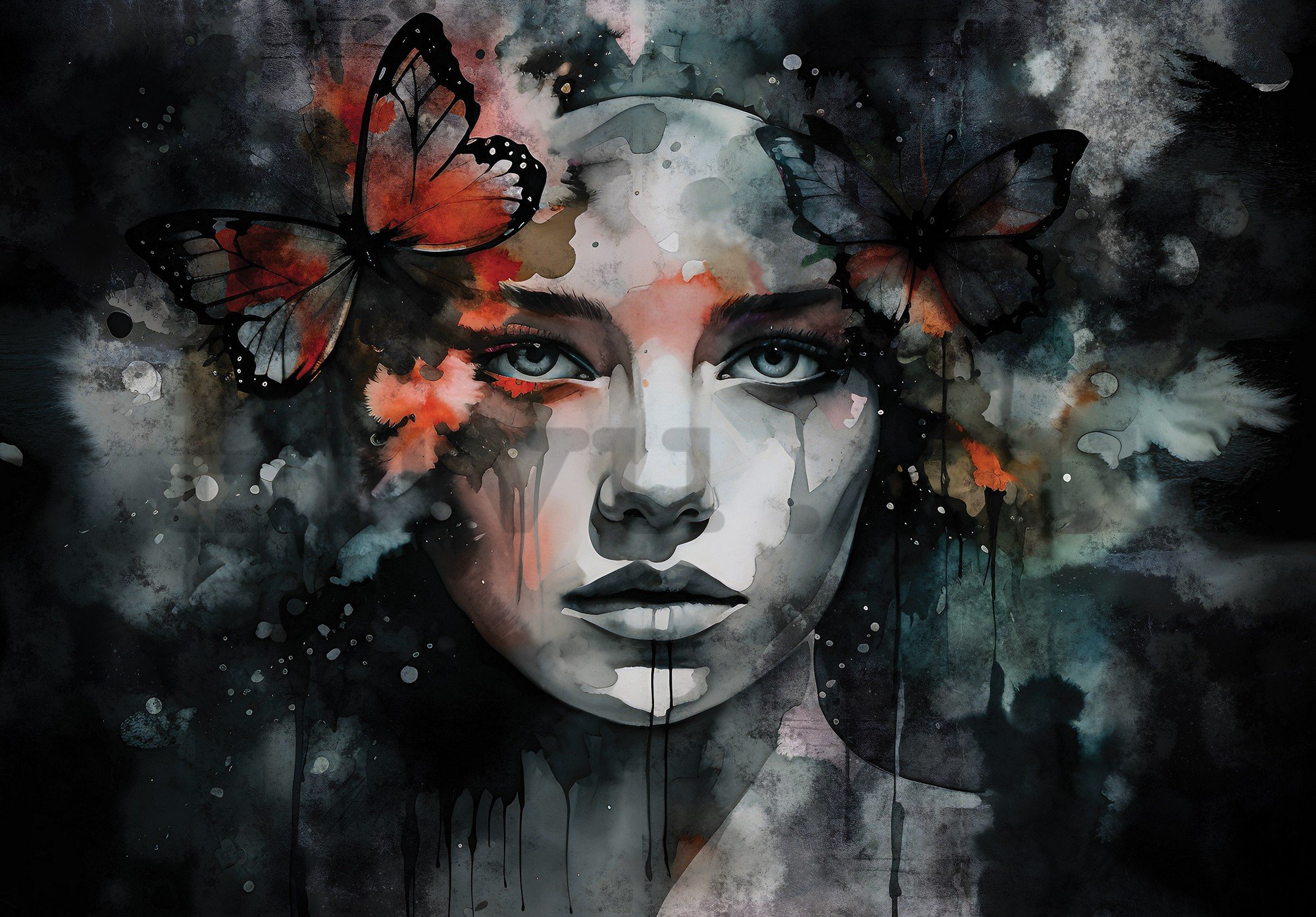 Vlies fotótapéta: Art watercolour woman butterfly - 368x254 cm