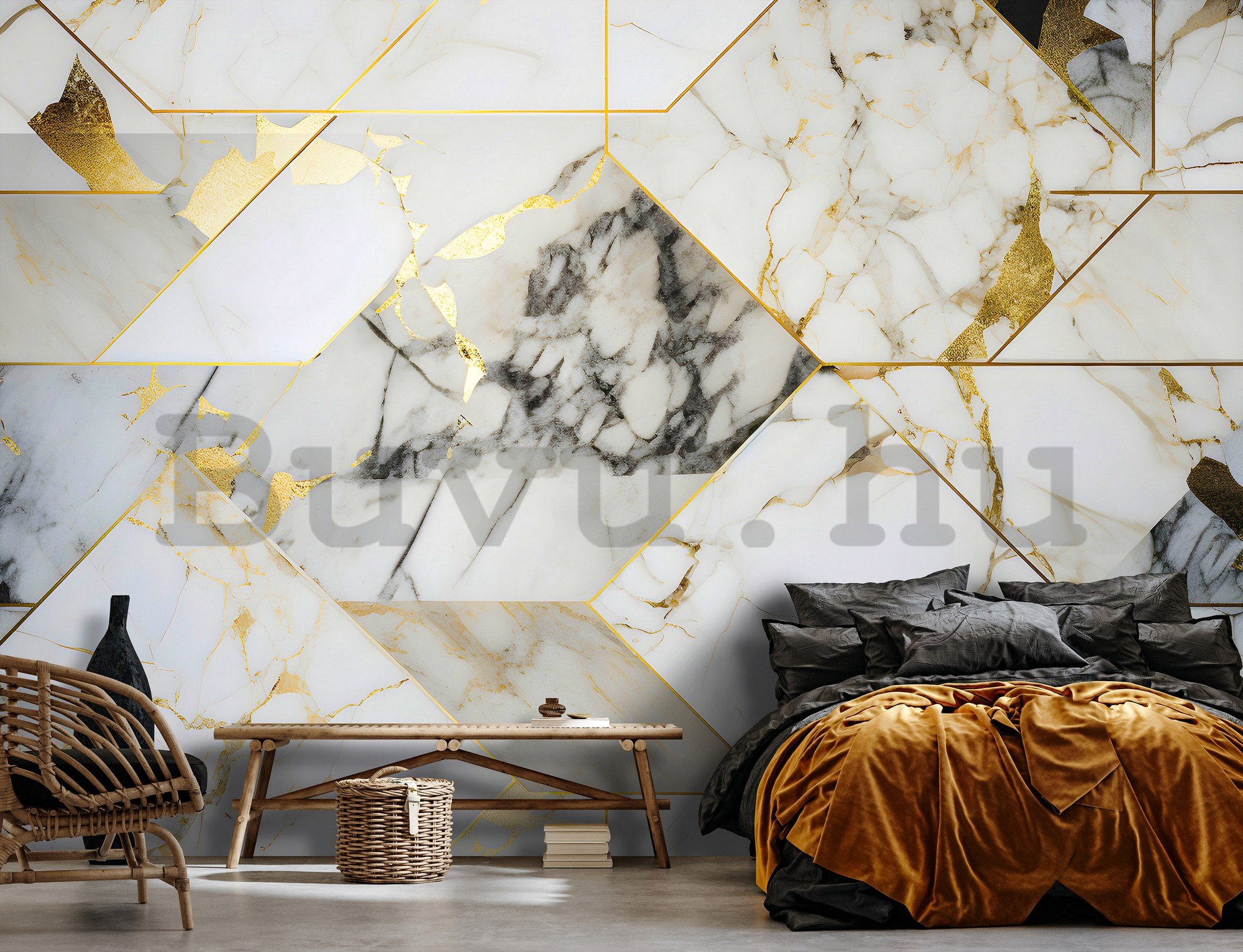 Vlies fotótapéta: Imitation marble gold geometry - 368x254 cm