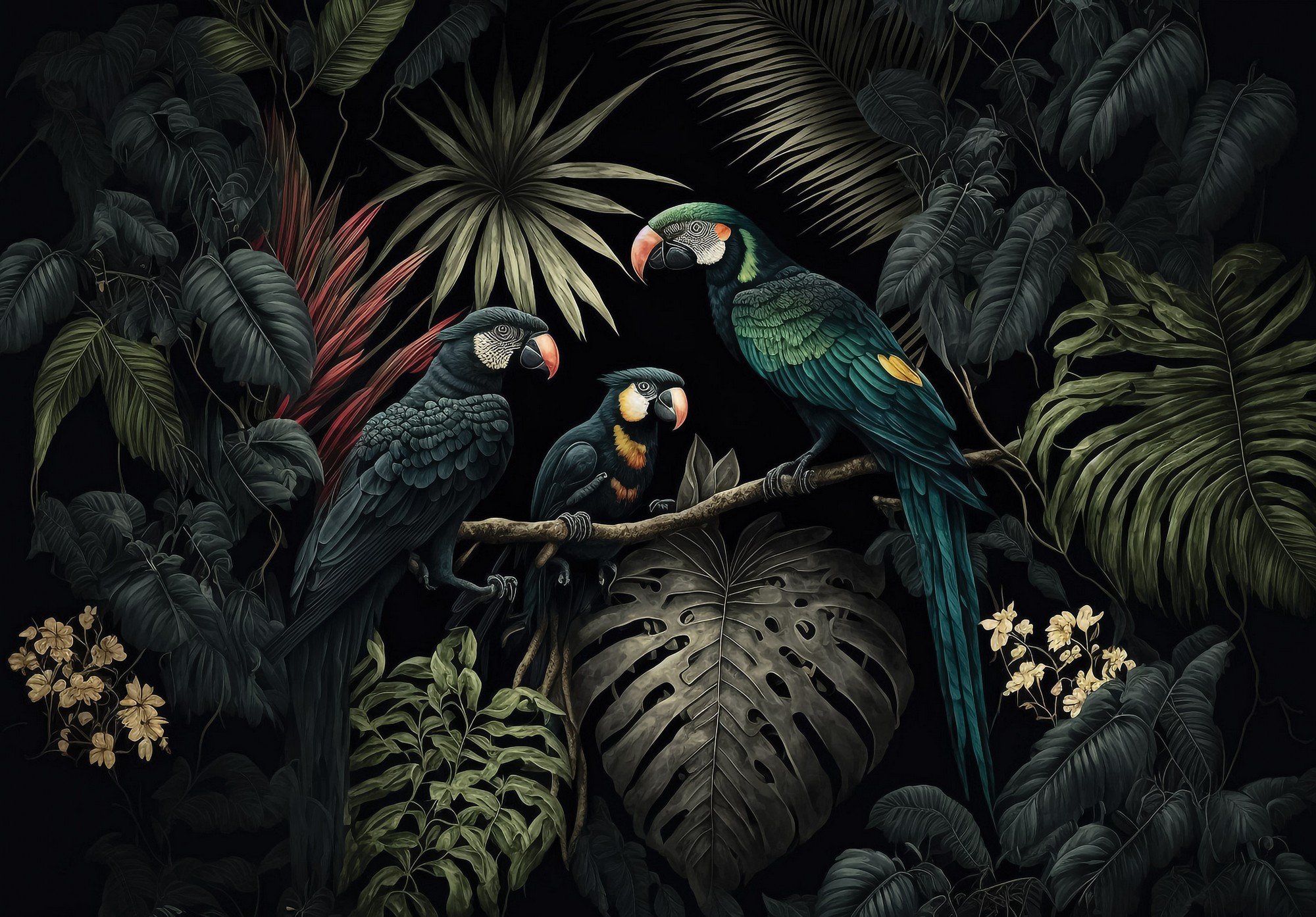 Vlies fotótapéta: Nature jungle parrots leaves - 368x254 cm