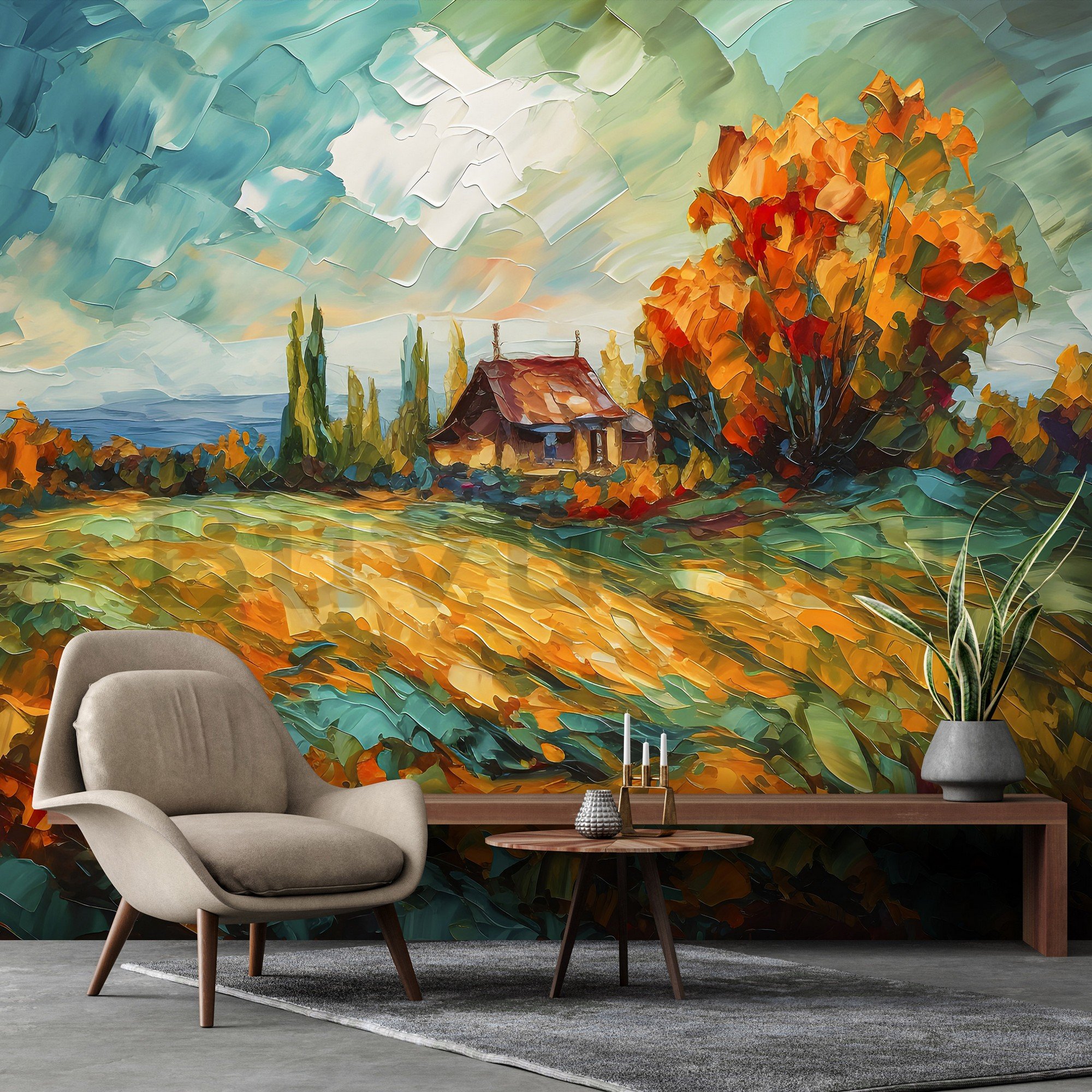 Vlies fotótapéta: Lanscape oil-colour painting nature - 152,5x104 cm