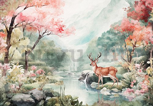 Vlies fotótapéta: Landscape Painted Forest Deer - 208x146 cm