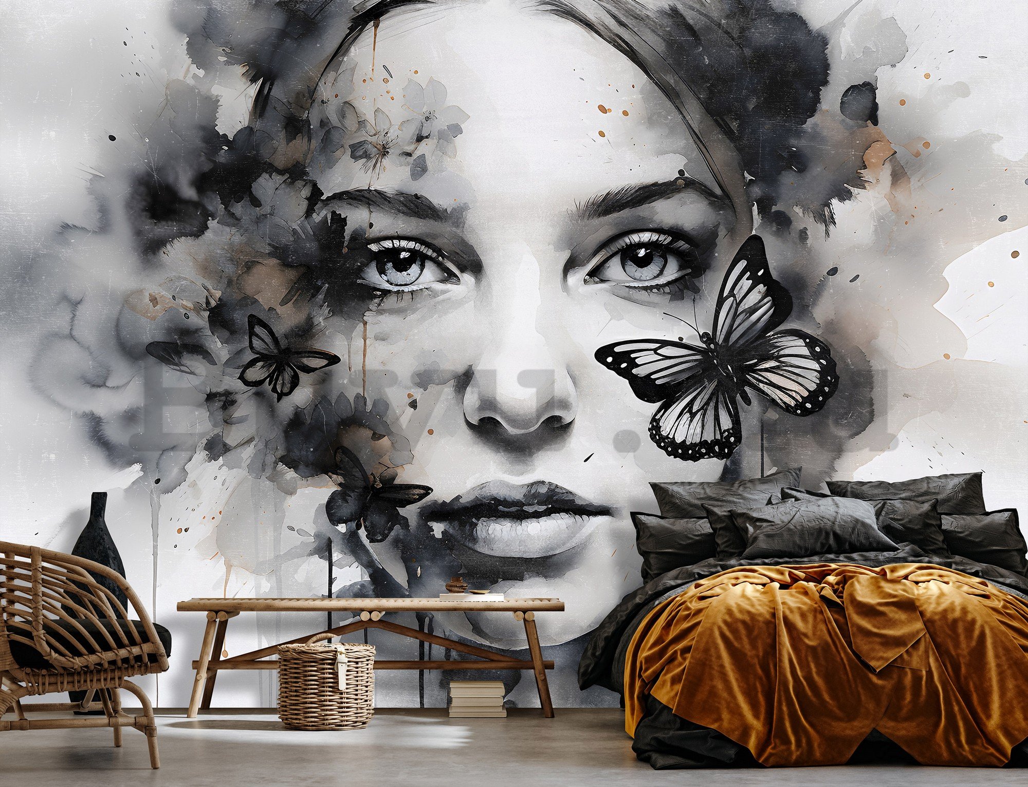 Vlies fotótapéta: Art watercolour woman butterfly (1) - 312x219cm