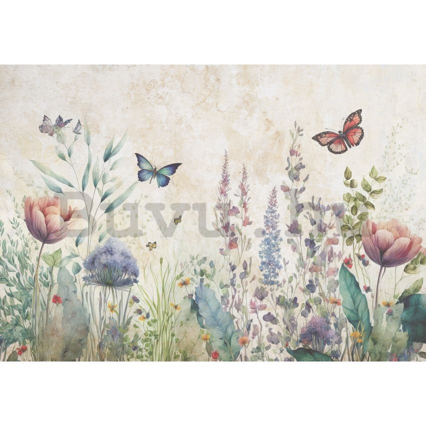 Vlies fotótapéta: Nature meadow flowers butterflies - 312x219cm