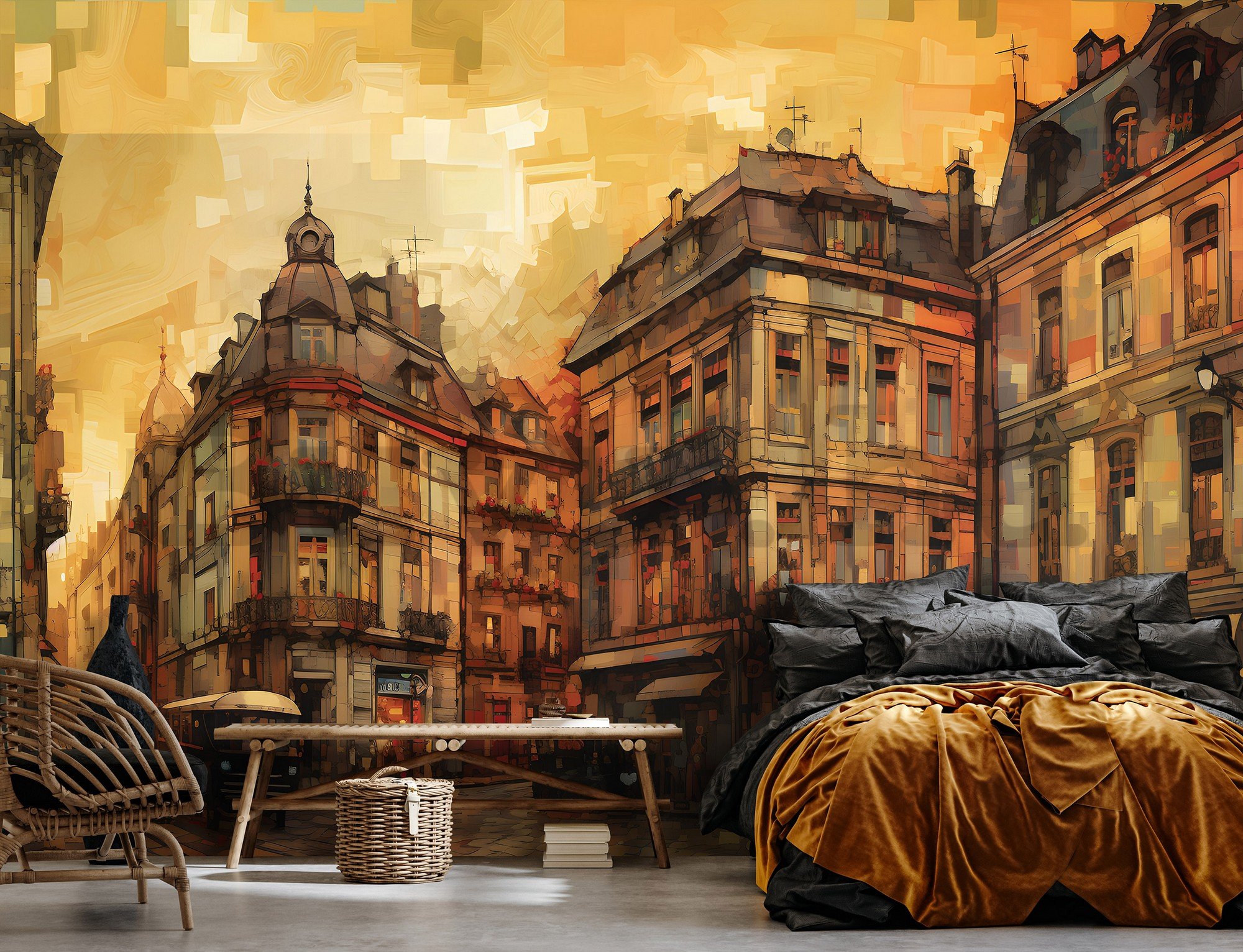 Vlies fotótapéta: City architecture oil-colours painting - 416x254 cm