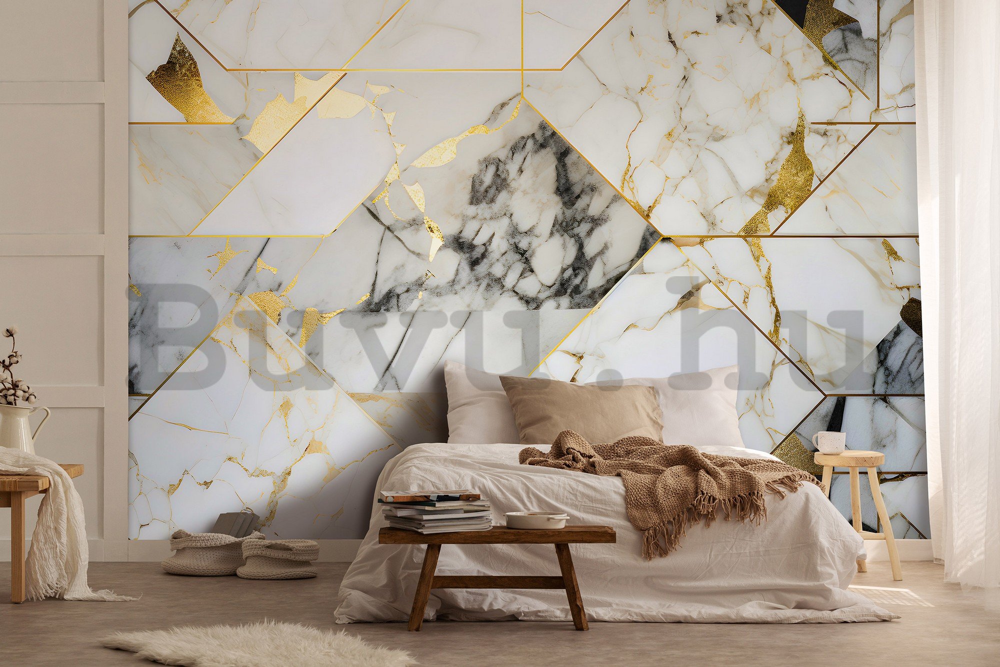 Vlies fotótapéta: Imitation marble gold geometry - 416x254 cm