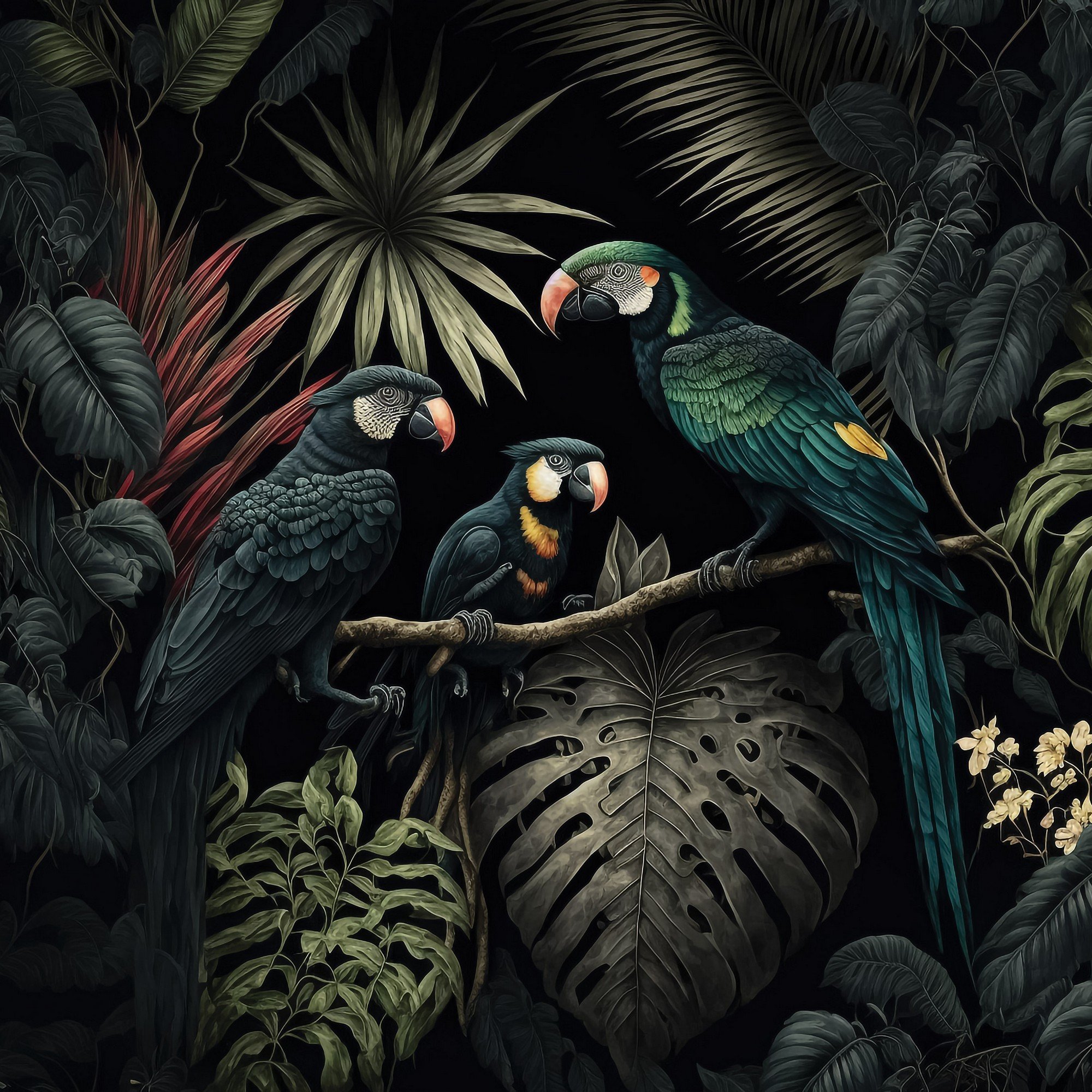 Vlies fotótapéta: Nature jungle parrots leaves - 416x254 cm