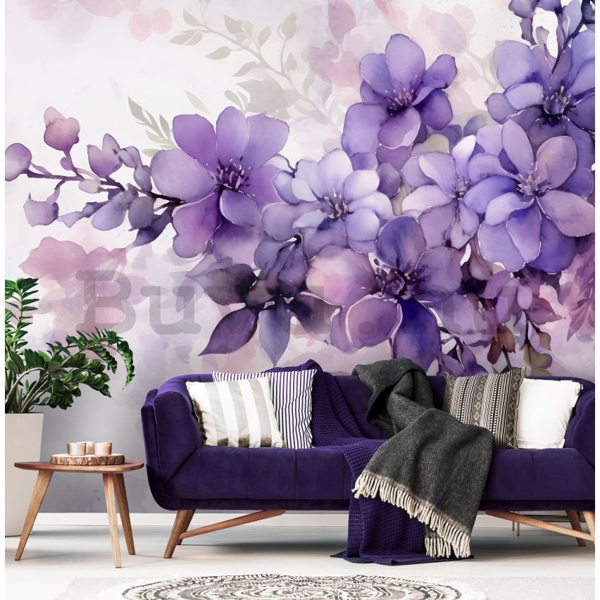 Vlies fotótapéta: Violet Romantic Painted Flowers - 416x254 cm