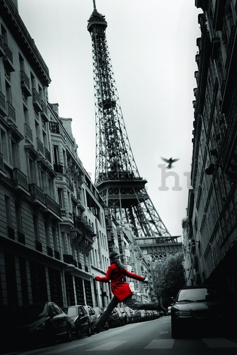 Plakát - Párizs, az Eiffel-torony és a vörös piros lány